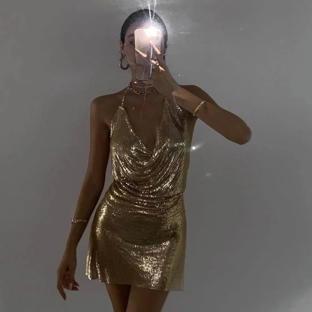 Gold Chainmail Mini Dress - Elegant Glamorous Party Wear