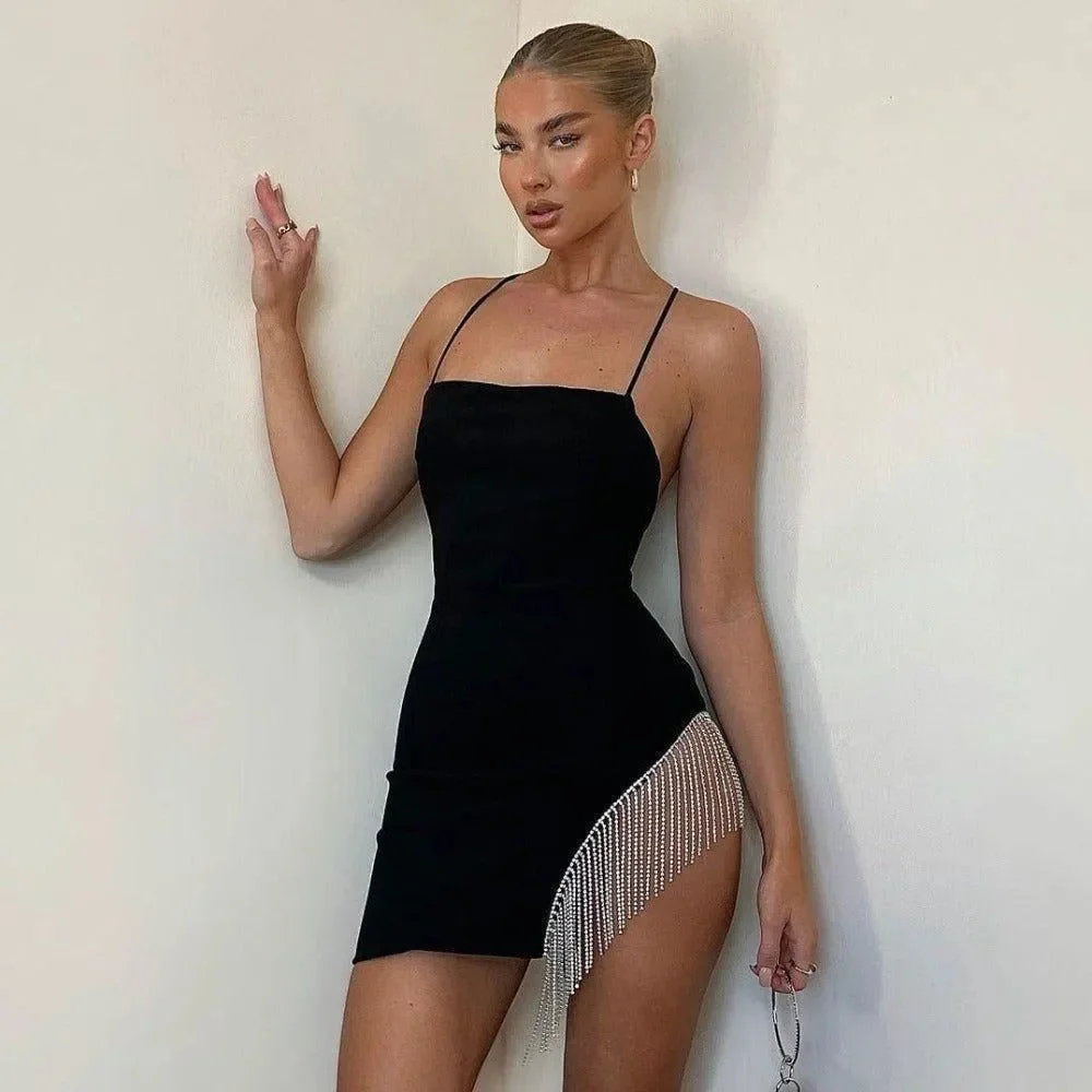 Black Diamante Tassel Mini Dress