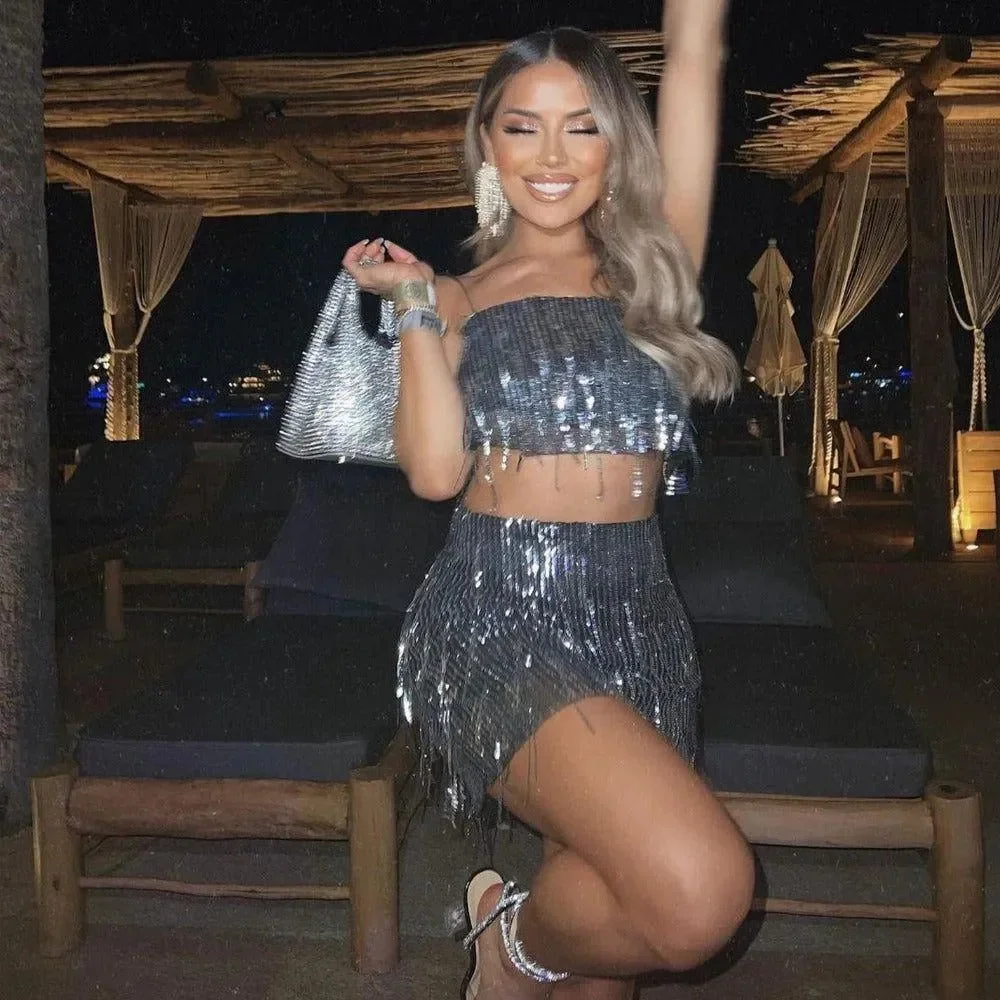 Rhinestone Sparkle Bucket Bag - Elegant Silver or Black Design