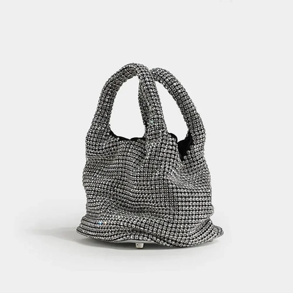 Rhinestone Sparkle Bucket Bag - Elegant Silver or Black Design