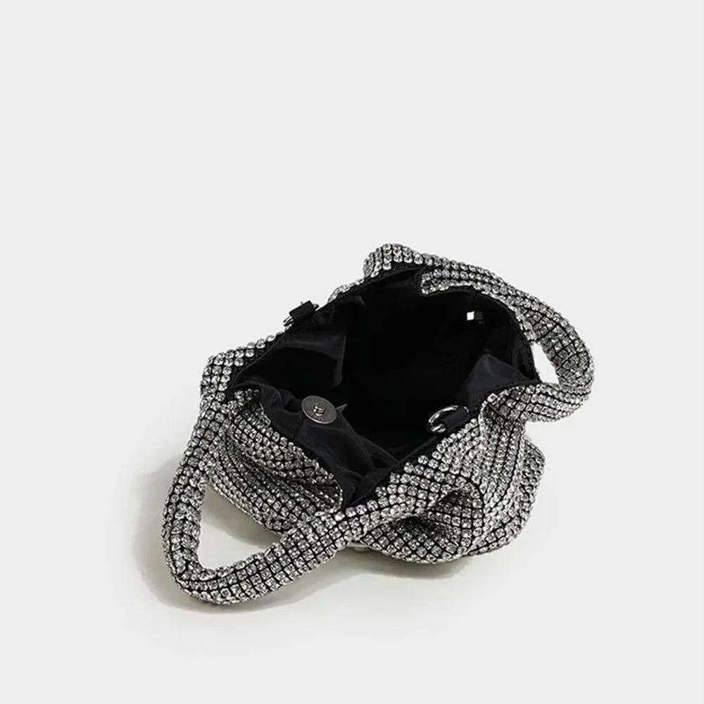 Rhinestone Sparkle Bucket Bag - Elegant Silver or Black Design