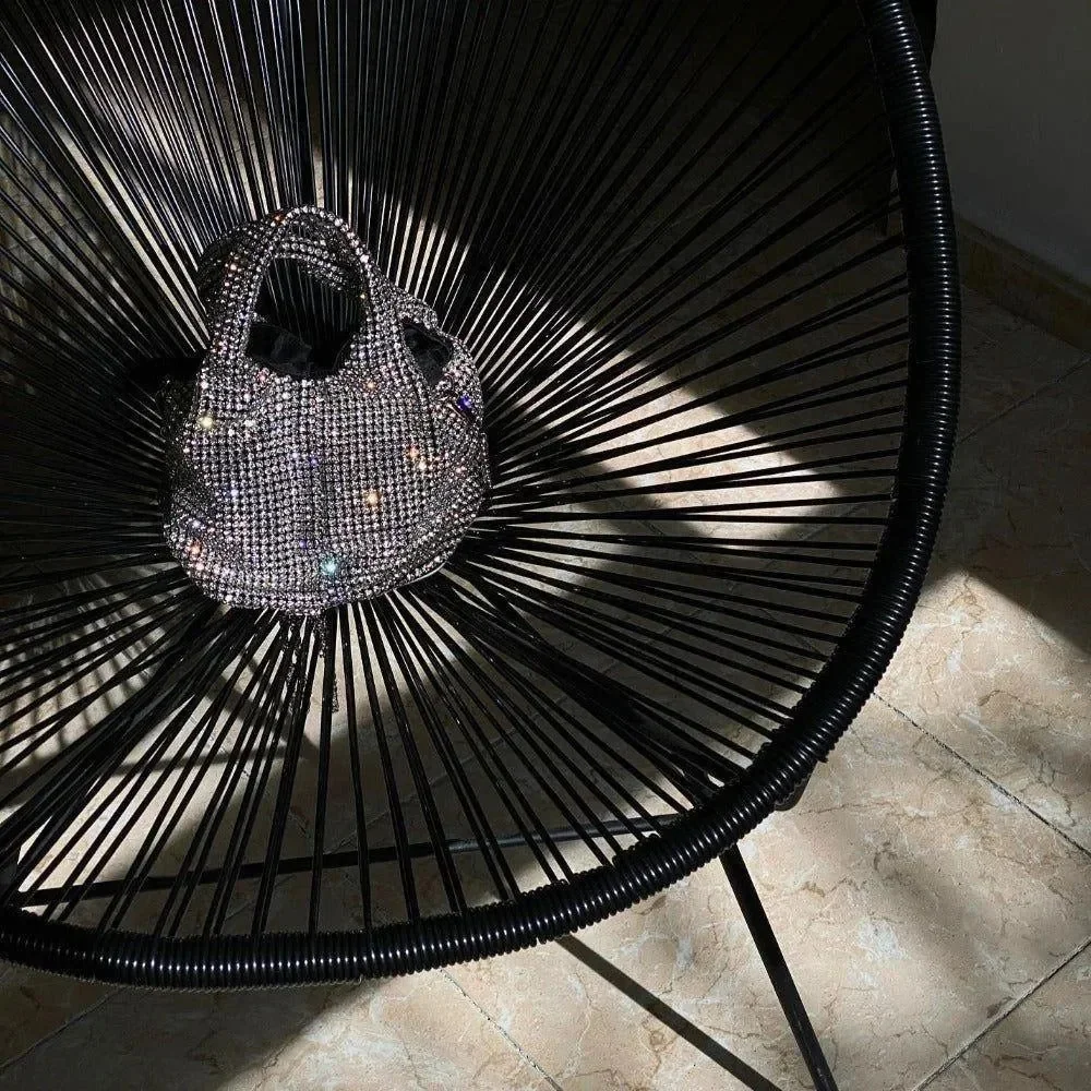 Rhinestone Sparkle Bucket Bag - Elegant Silver or Black Design