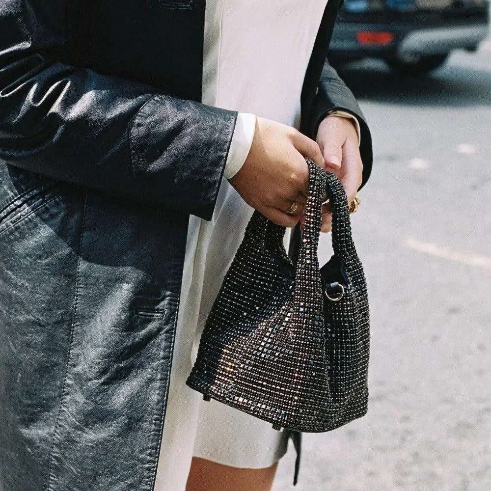 Rhinestone Sparkle Bucket Bag - Elegant Silver or Black Design