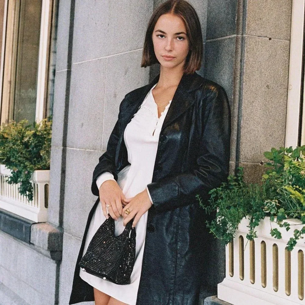 Rhinestone Sparkle Bucket Bag - Elegant Silver or Black Design