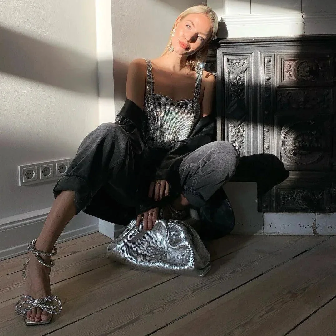 Silver Diamond Bow Wrap Heels - Elegant Wrap-Around Design