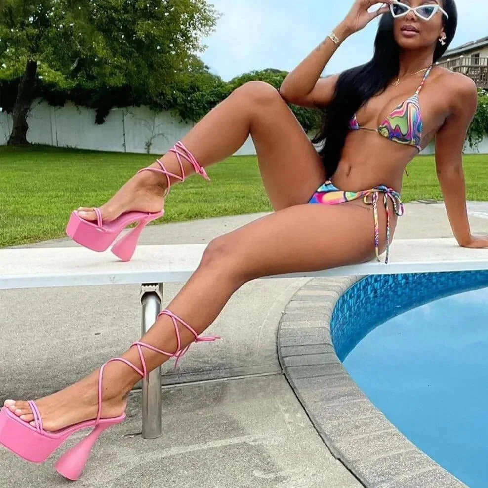 Pink Strappy Lace Up Platform Heels - Stylish PU Finish