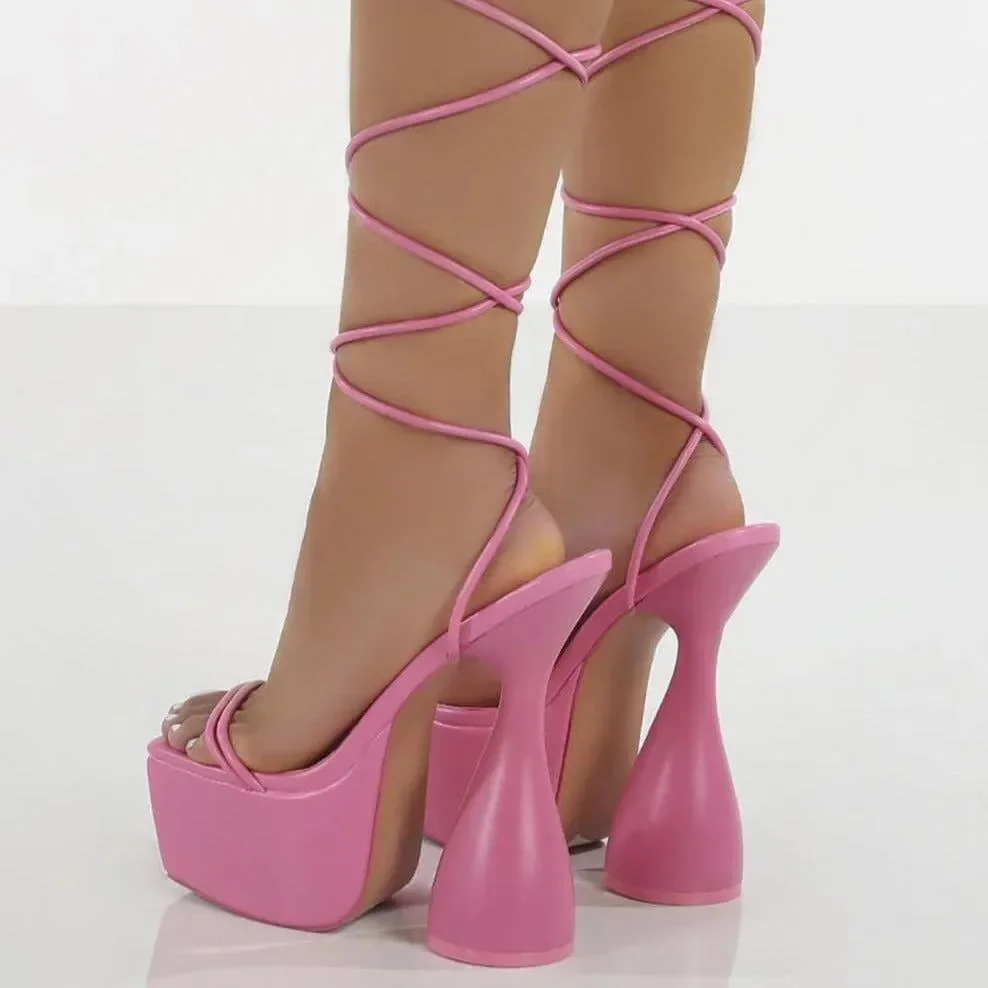 Pink Strappy Lace Up Platform Heels - Stylish PU Finish