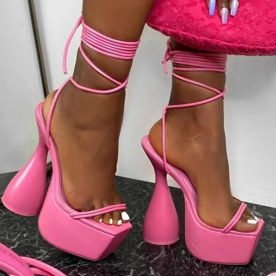 Pink Strappy Lace Up Platform Heels - Stylish PU Finish