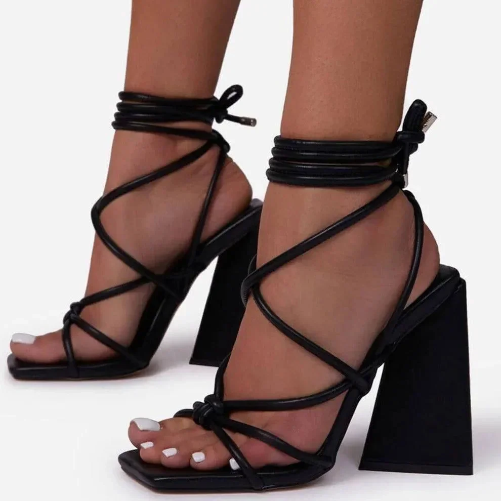 Square Toe Block Heel Lace Up Shoes - Faux Leather Knotted Detail