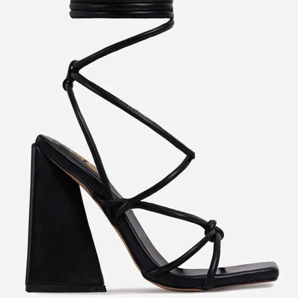 Square Toe Block Heel Lace Up Shoes - Faux Leather Knotted Detail