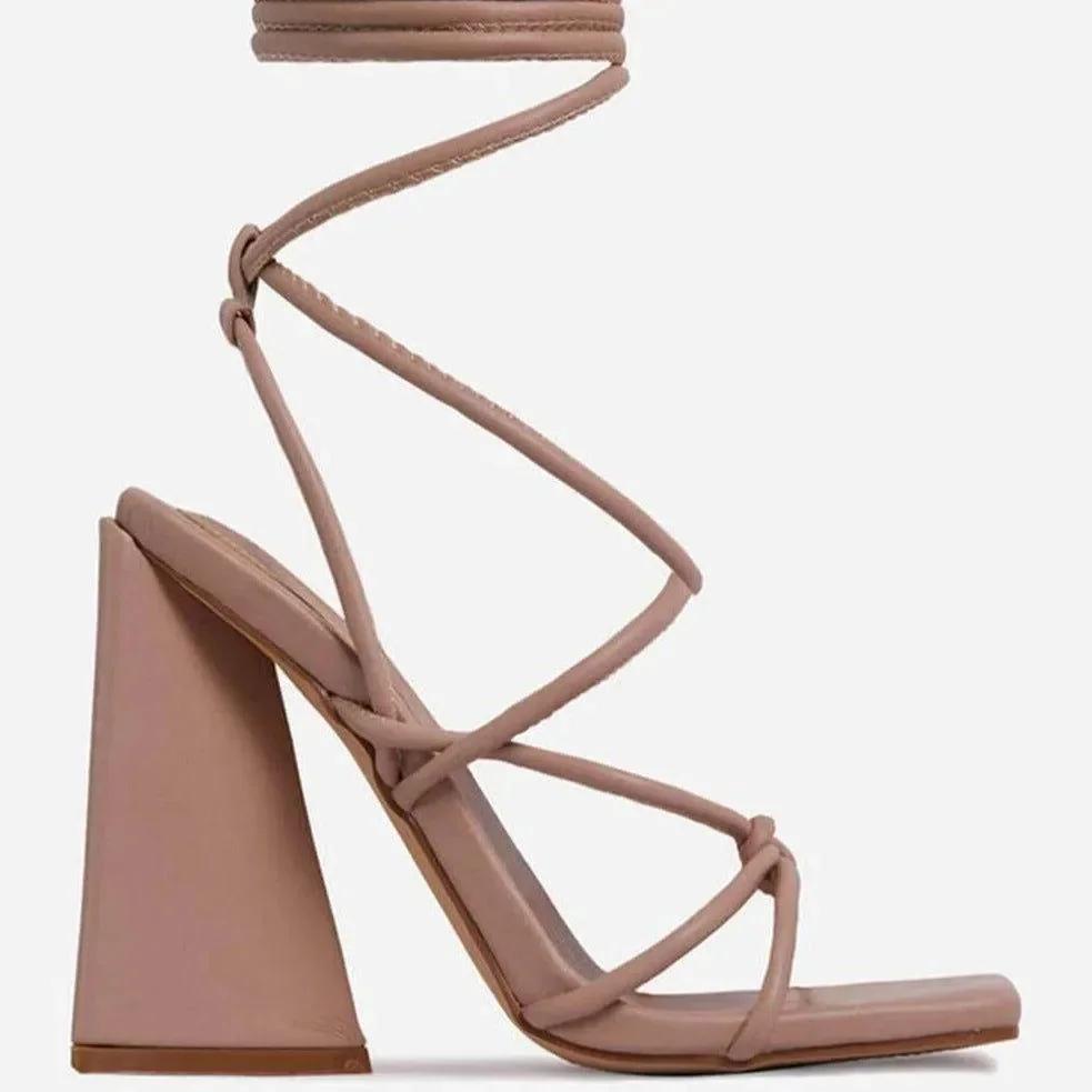 Square Toe Block Heel Lace Up Shoes - Faux Leather Knotted Detail