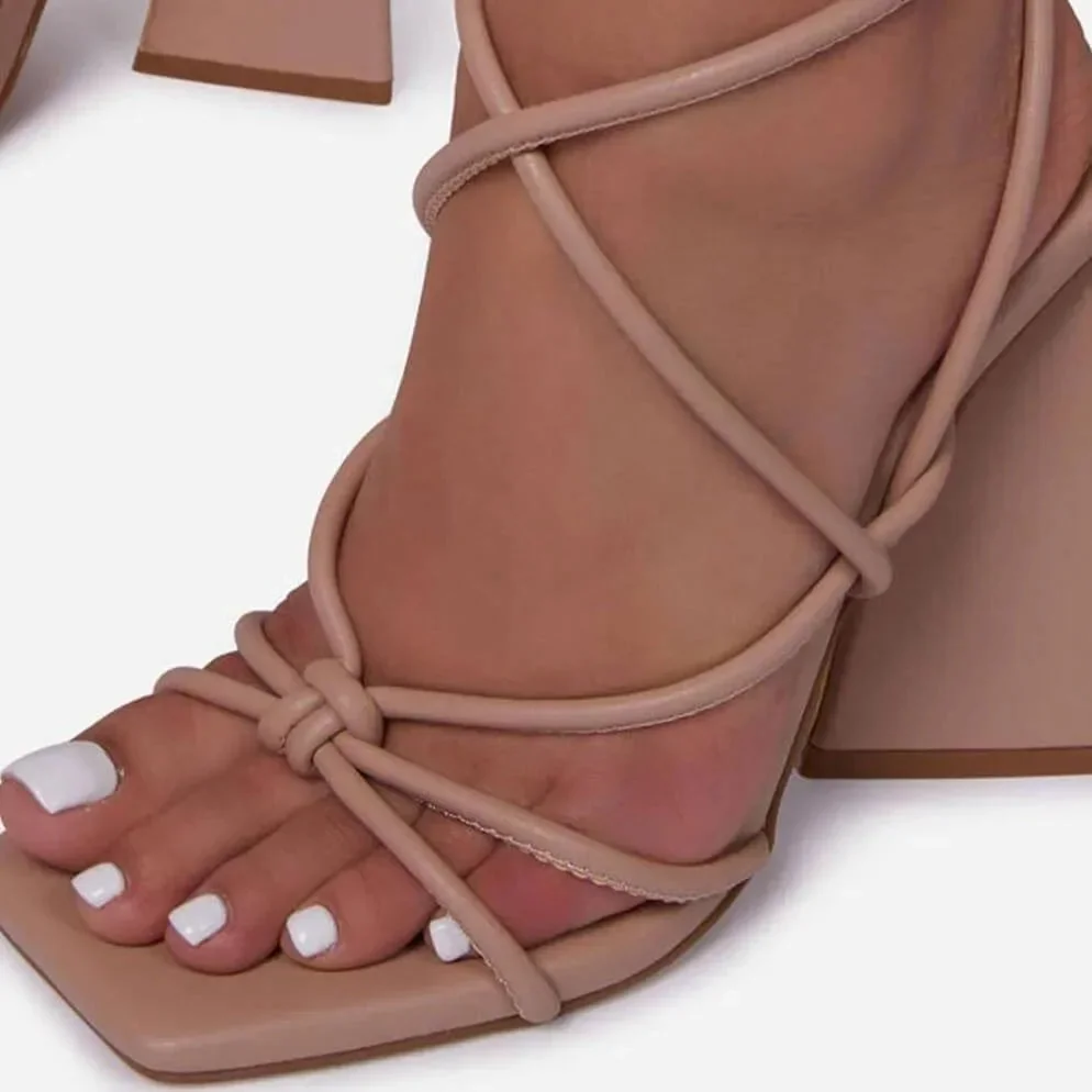 Square Toe Block Heel Lace Up Shoes - Faux Leather Knotted Detail