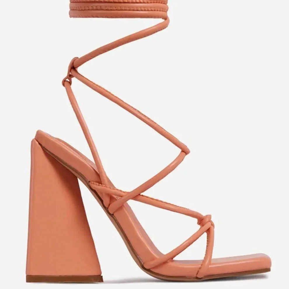 Square Toe Block Heel Lace Up Shoes - Faux Leather Knotted Detail