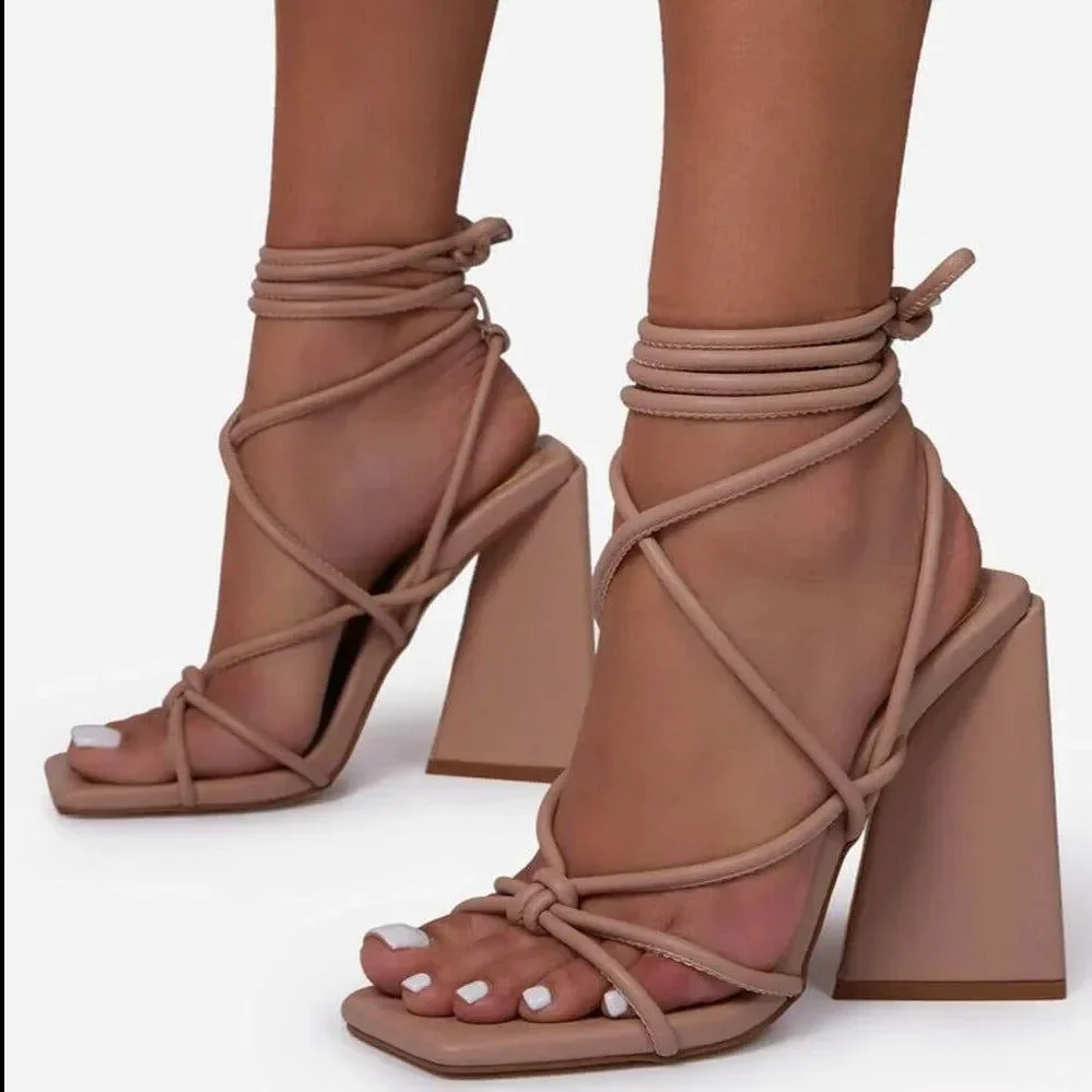 Square Toe Block Heel Lace Up Shoes - Faux Leather Knotted Detail