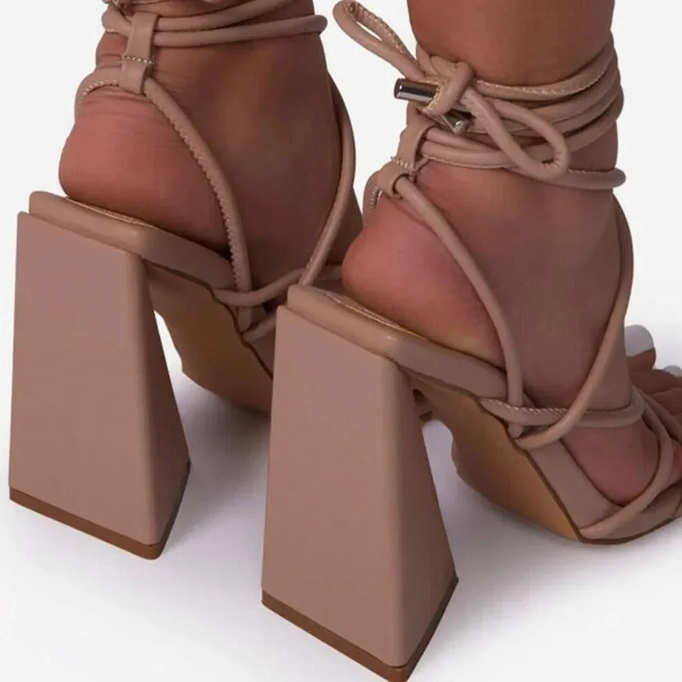 Square Toe Block Heel Lace Up Shoes - Faux Leather Knotted Detail