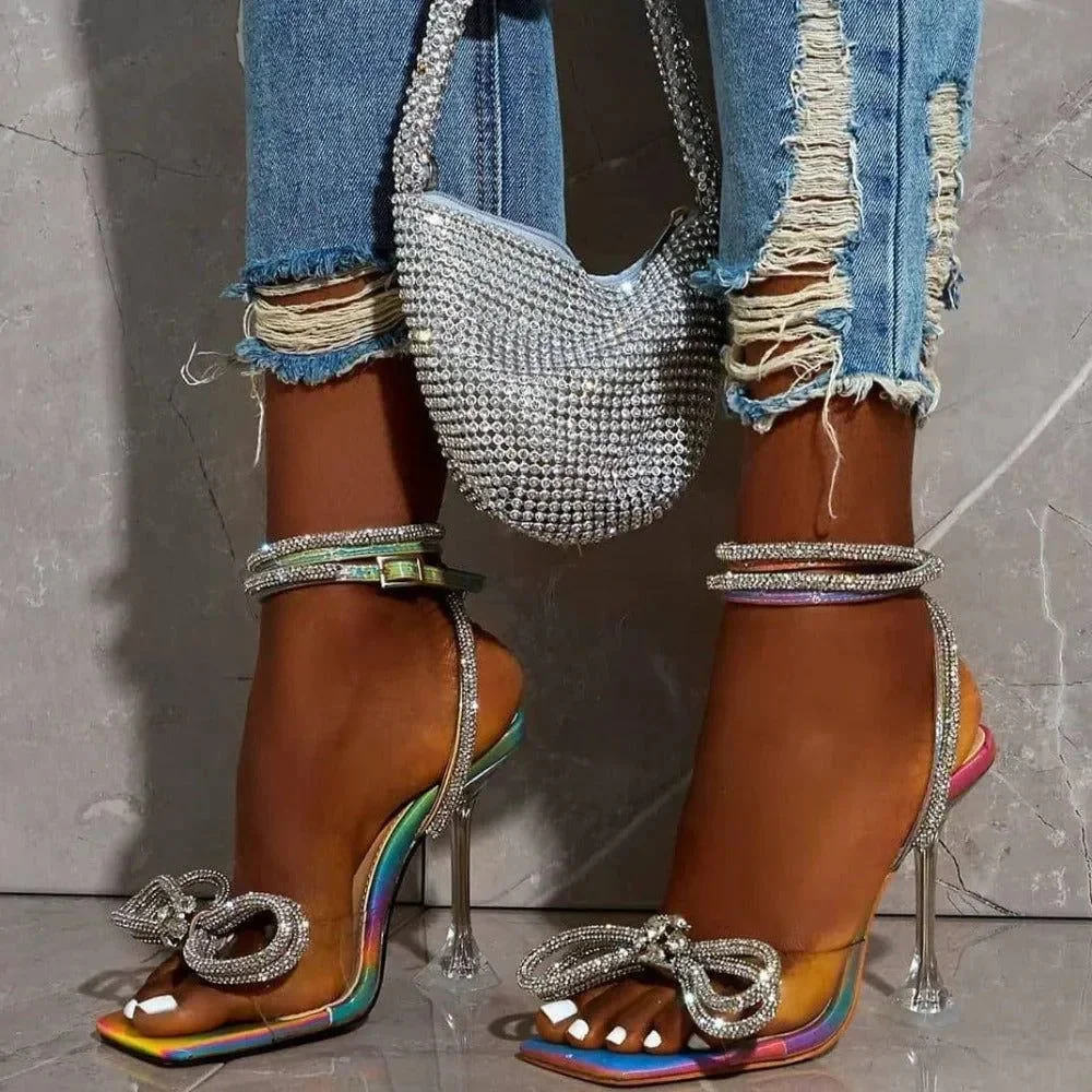 Beaded Bow Square Toe Pyramid Heel Wrap Around Ankle Heels