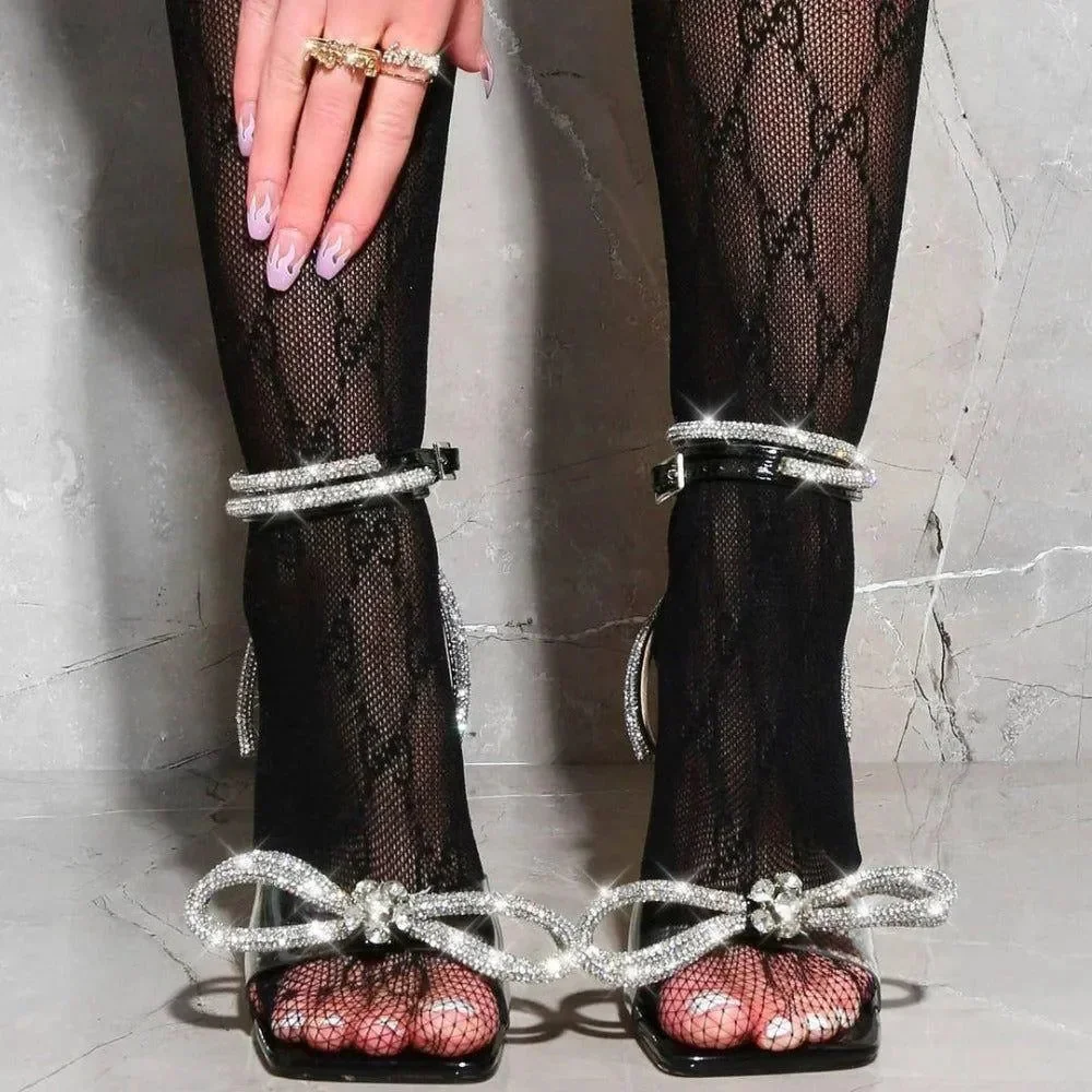 Beaded Bow Square Toe Pyramid Heel Wrap Around Ankle Heels