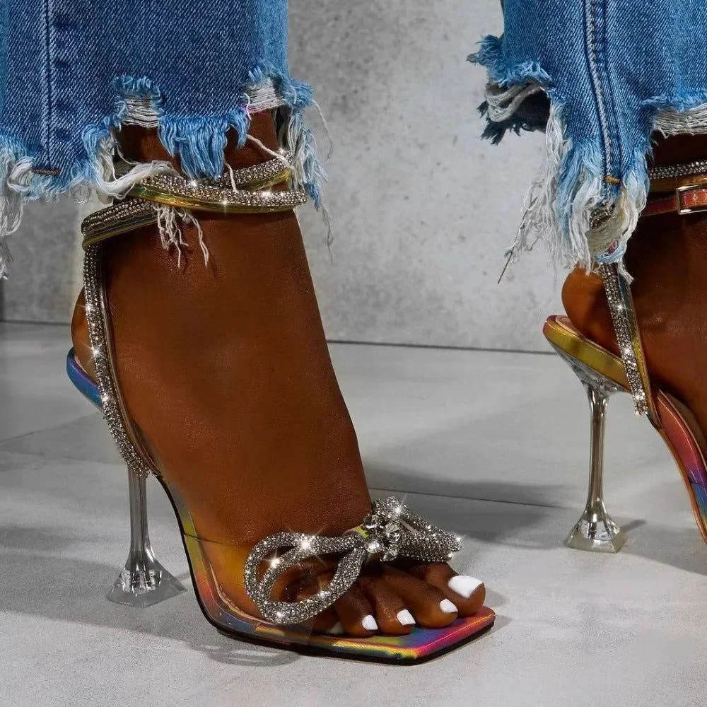 Beaded Bow Square Toe Pyramid Heel Wrap Around Ankle Heels