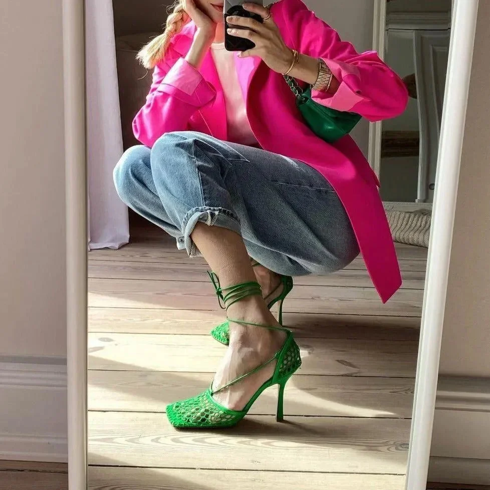 Chic Lace-Up Square Toe Mesh Sandals in Yellow/Black/Green/White