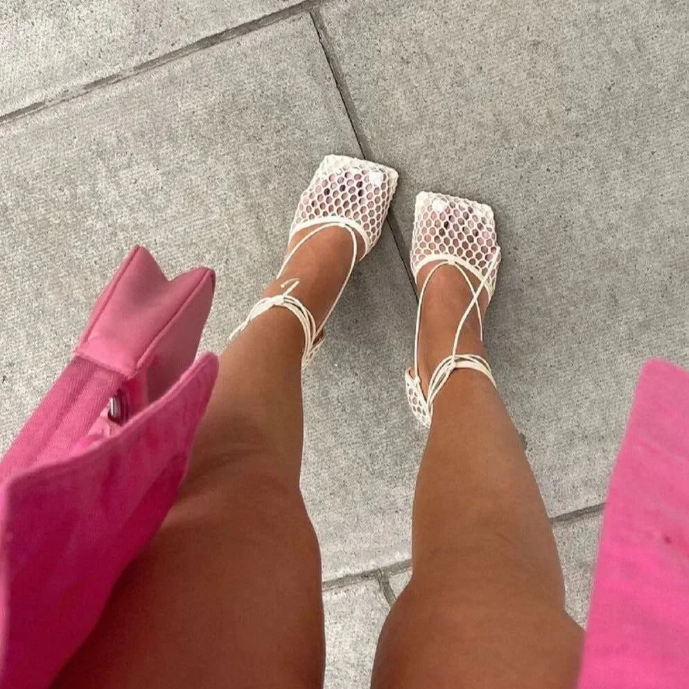 Chic Lace-Up Square Toe Mesh Sandals in Yellow/Black/Green/White