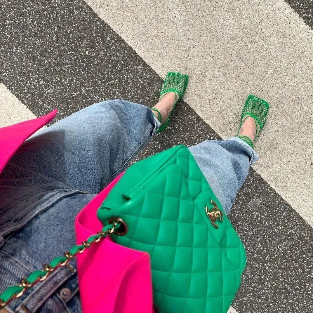 Chic Lace-Up Square Toe Mesh Sandals in Yellow/Black/Green/White