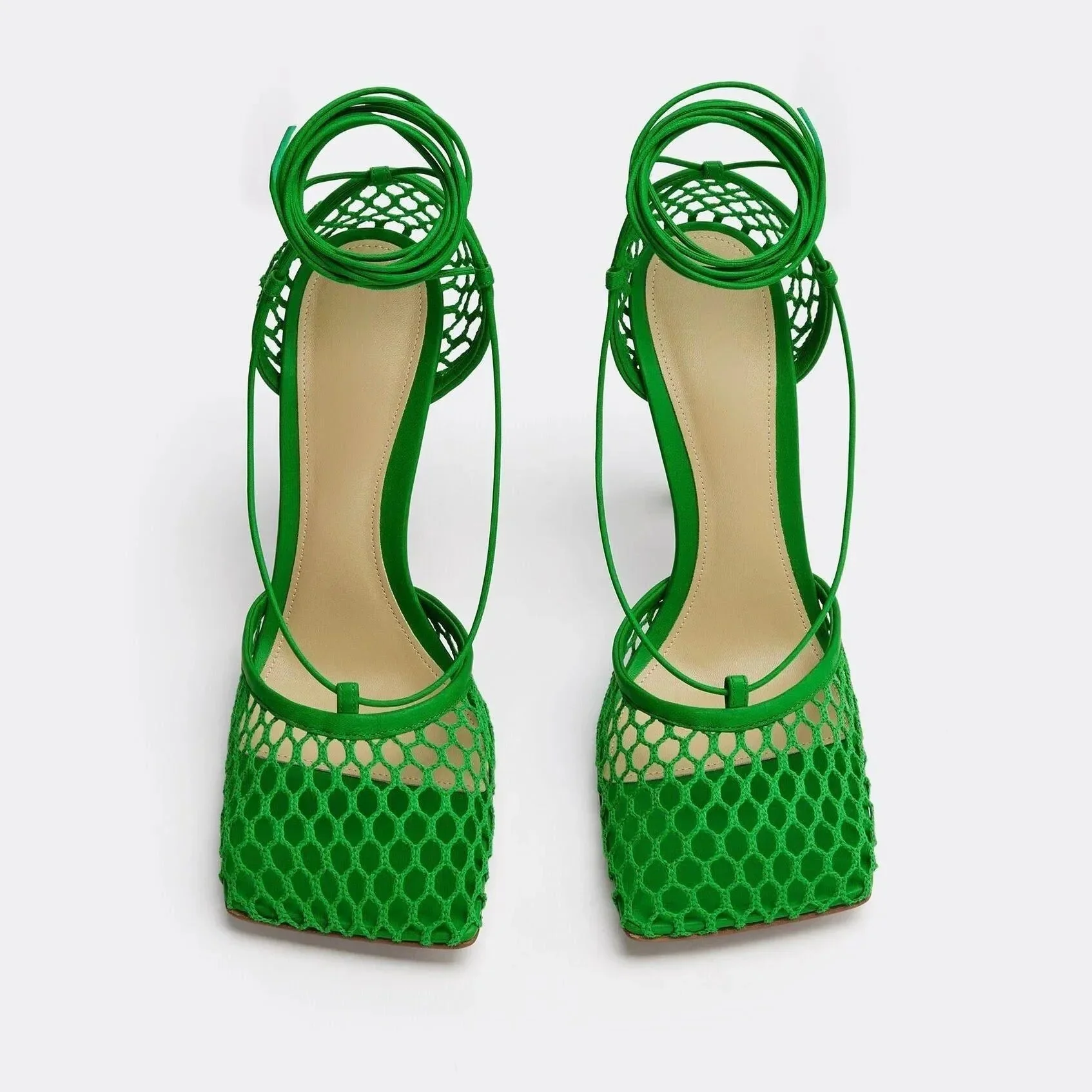 Chic Lace-Up Square Toe Mesh Sandals in Yellow/Black/Green/White
