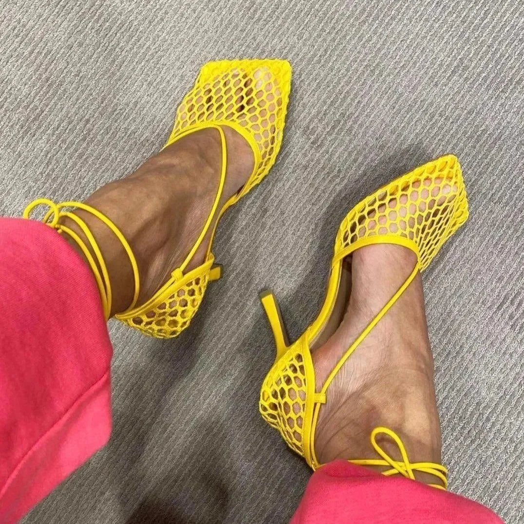 Chic Lace-Up Square Toe Mesh Sandals in Yellow/Black/Green/White