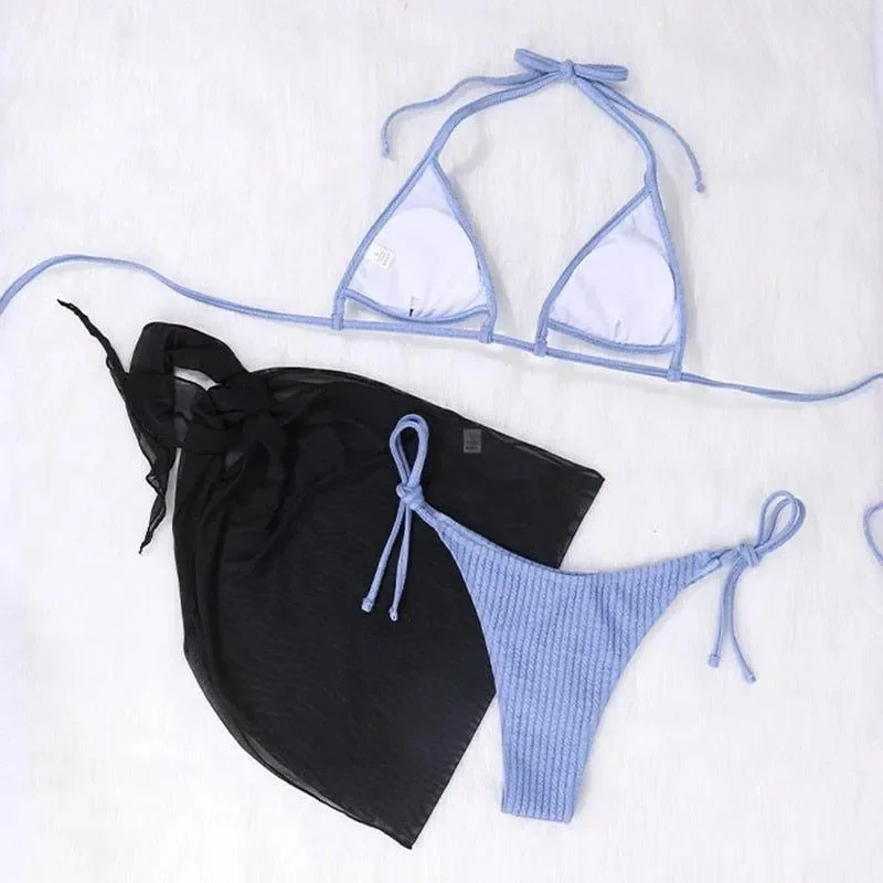 Ribbed Tie Side Bikini Set - Light Blue | Malati Style