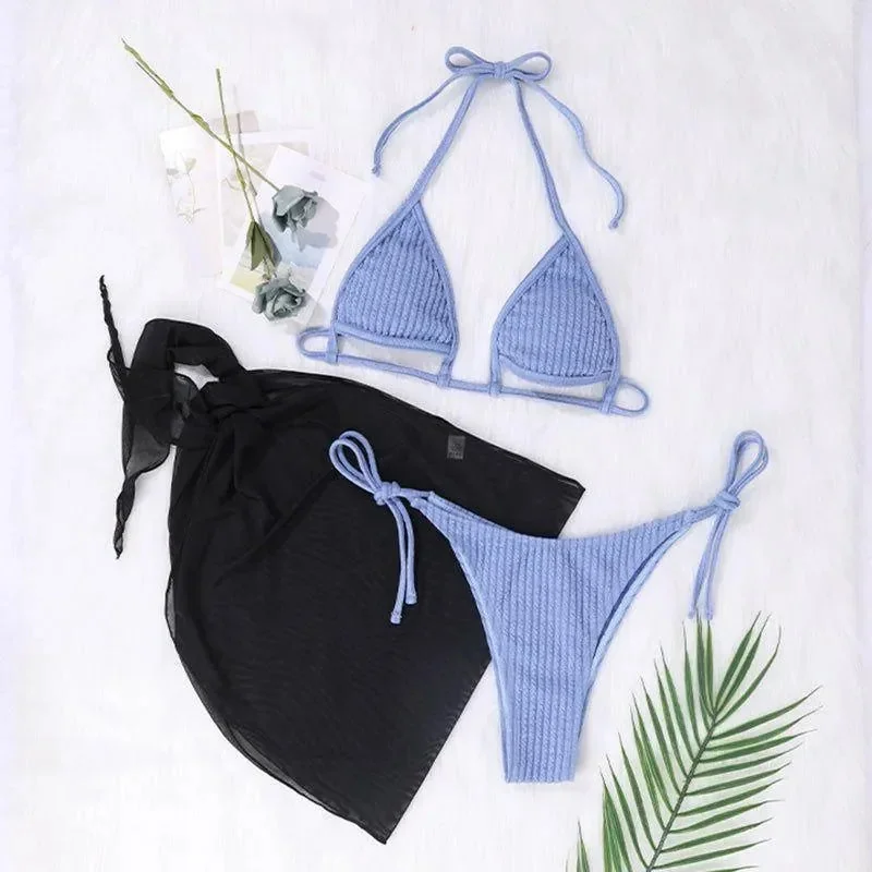 Ribbed Tie Side Bikini Set - Light Blue | Malati Style