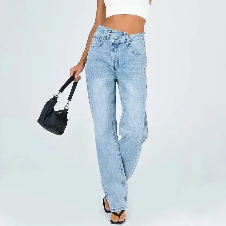 Asymmetric High-Rise Denim Straight Leg Jeans