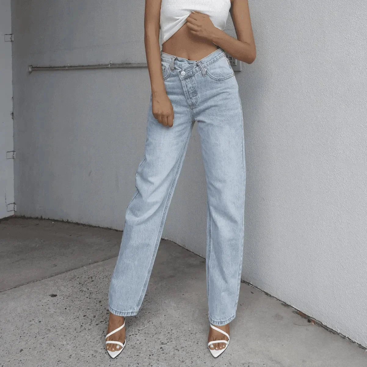 Asymmetric High-Rise Denim Straight Leg Jeans