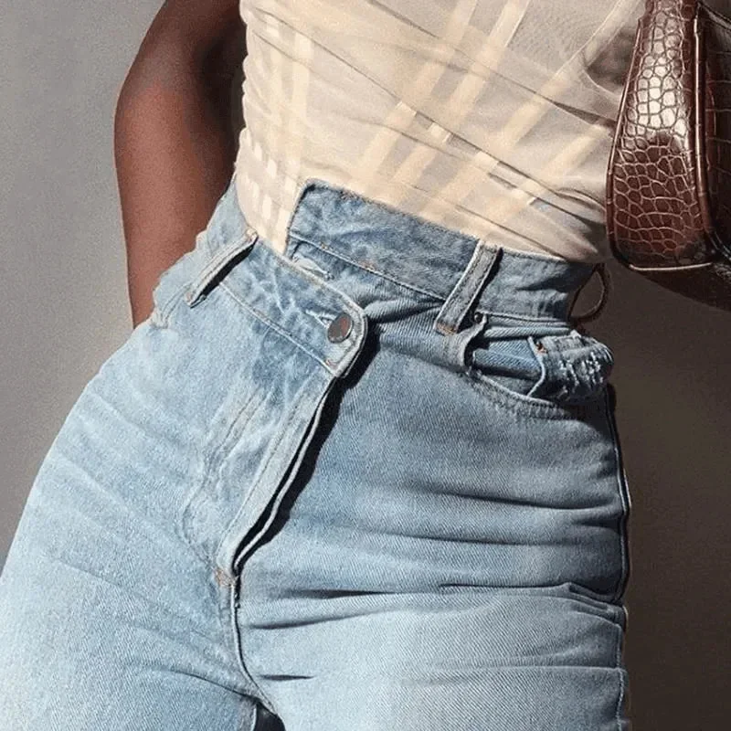 Asymmetric High-Rise Denim Straight Leg Jeans