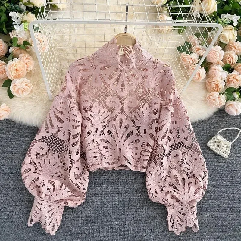 Elegant Lace Lantern Sleeve Blouse