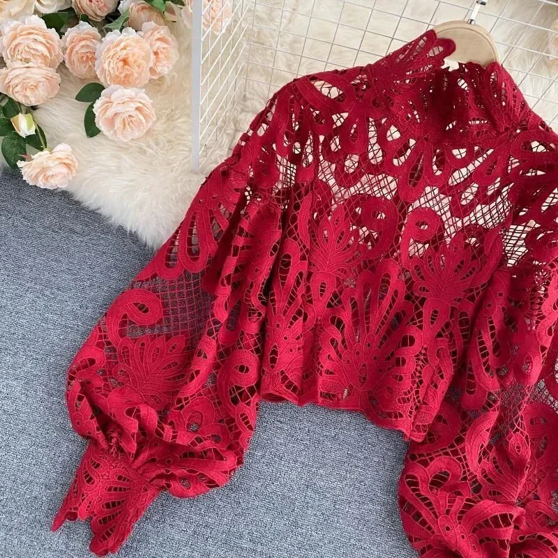 Elegant Lace Lantern Sleeve Blouse