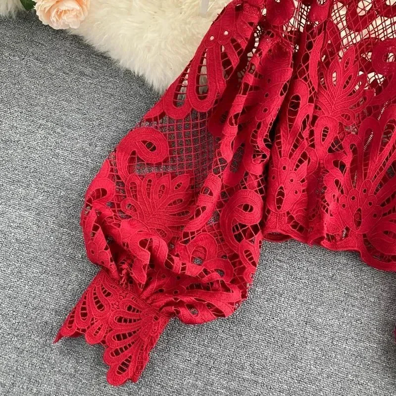 Elegant Lace Lantern Sleeve Blouse