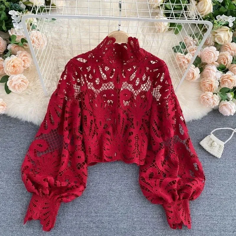 Elegant Lace Lantern Sleeve Blouse