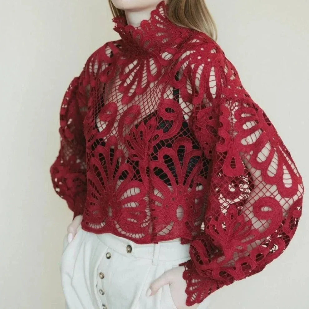 Elegant Lace Lantern Sleeve Blouse