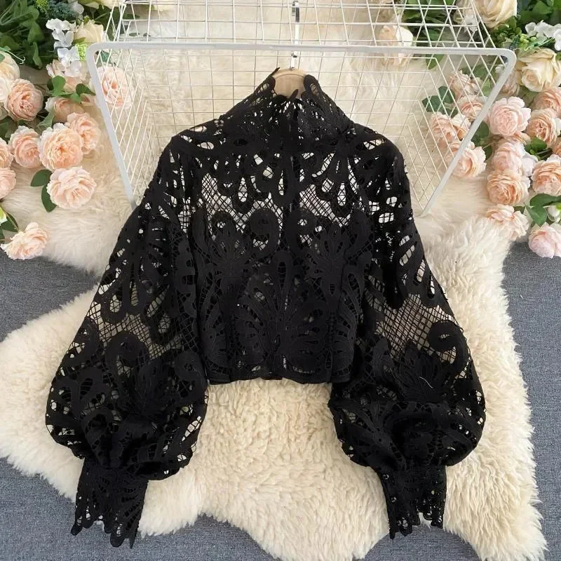 Elegant Lace Lantern Sleeve Blouse