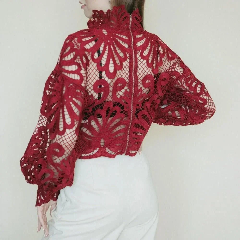 Elegant Lace Lantern Sleeve Blouse