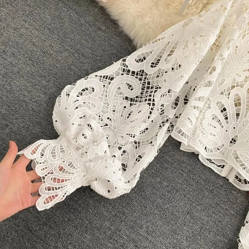 Elegant Lace Lantern Sleeve Blouse