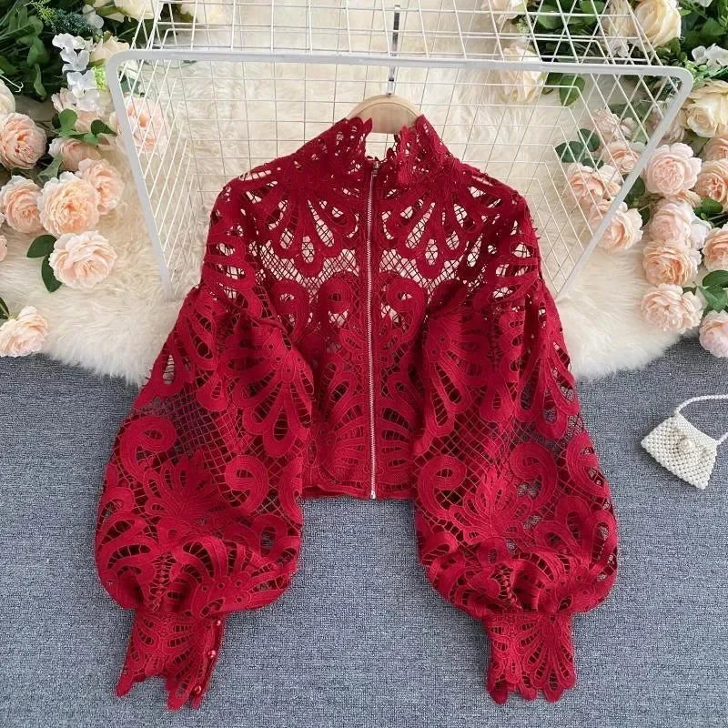 Elegant Lace Lantern Sleeve Blouse