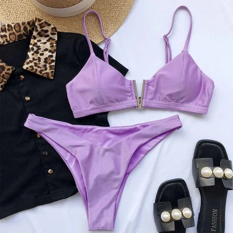 Purple High Cut Bikini with One-Shoulder Top