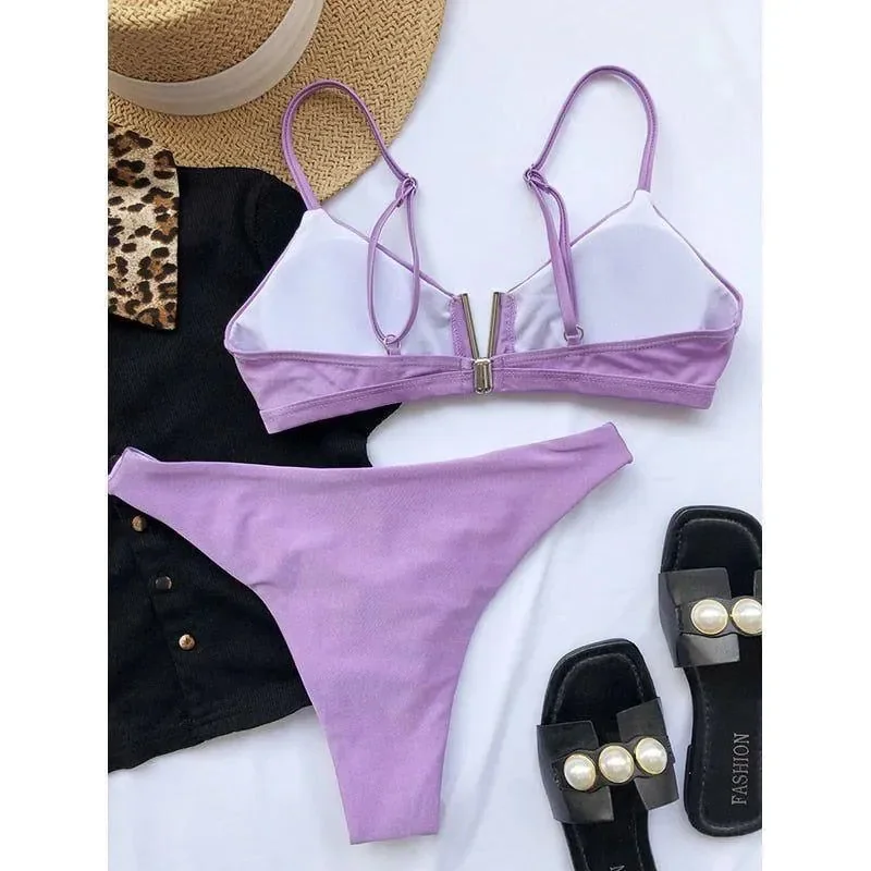 Purple High Cut Bikini with One-Shoulder Top