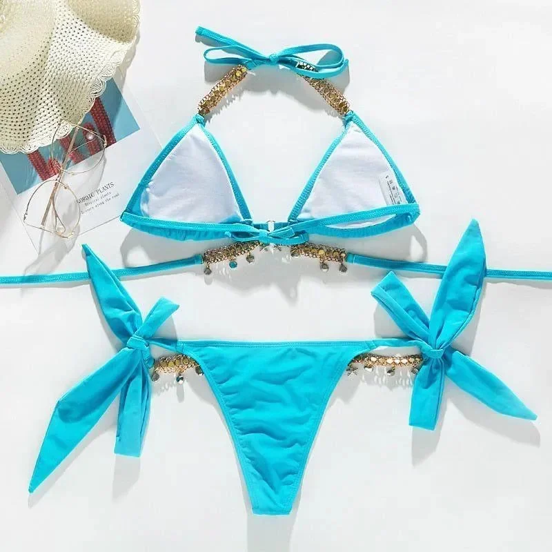 Sparkling Rhinestone Triangle Tie Bikini - Glamorous Crystal Detail