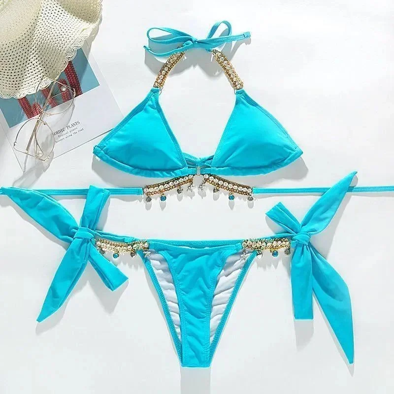 Sparkling Rhinestone Triangle Tie Bikini - Glamorous Crystal Detail