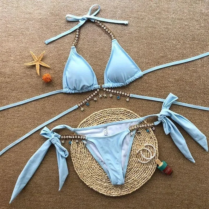 Sparkling Rhinestone Triangle Tie Bikini - Glamorous Crystal Detail