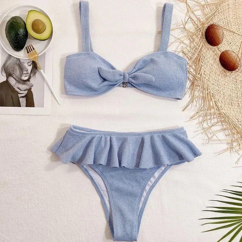 Front Knot Ruffle Bikini - Baby Blue Stylish Swimwear