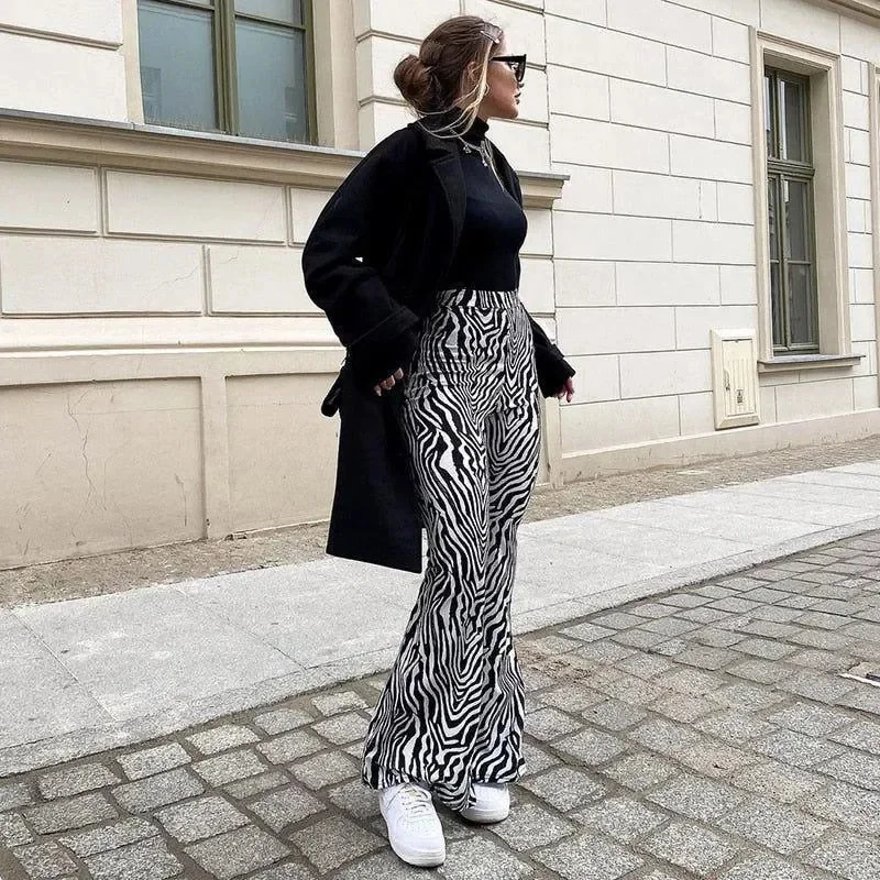 Animal Print High Waisted Flare Pants in Zebra Print