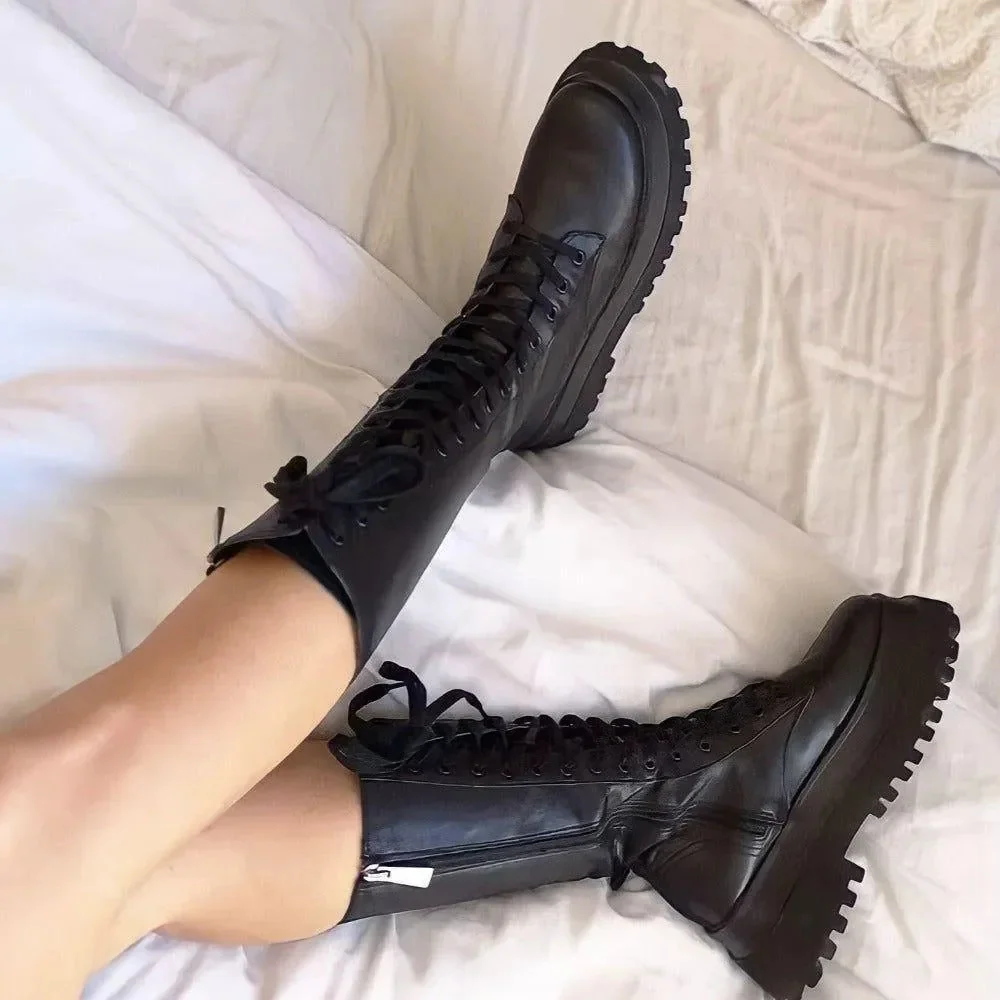 Black Chunky Platform Lace-Up Boots - Stylish & Comfortable