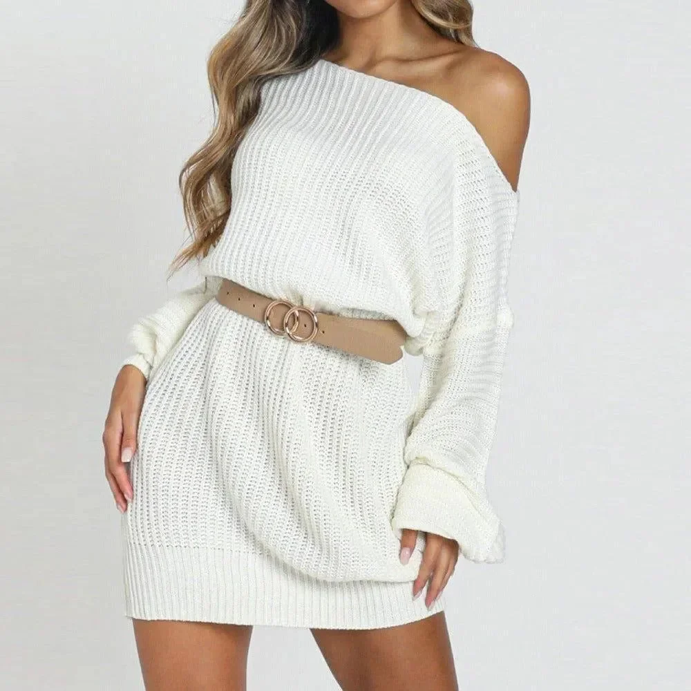 Asymmetrical Neckline Knitted Mini Dress in White